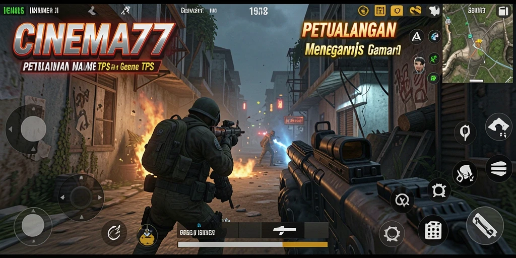 Screenshot utama CINEMA77 menampilkan aksi tembak-menembak yang seru.