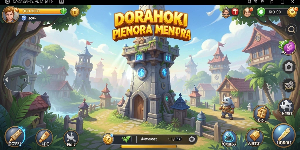 Tampilan gameplay DORAHOKI yang penuh aksi Tower Defense.