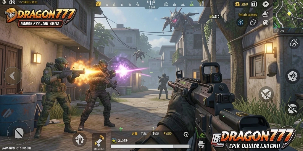 Tampilan gameplay intens dari DRAGON777 dalam aksi tembak menembak.