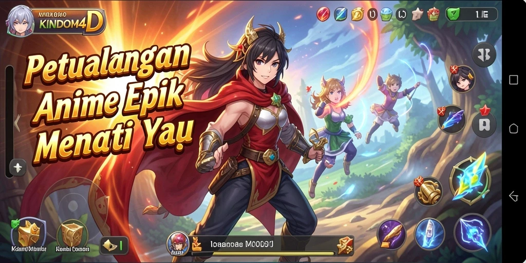 Screenshot gameplay KINDOM4D yang menampilkan aksi karakter anime.