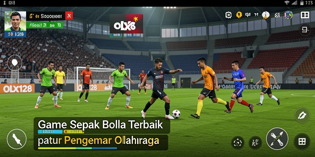 Screenshot gameplay OLX128 menampilkan momen seru di lapangan sepak bola.