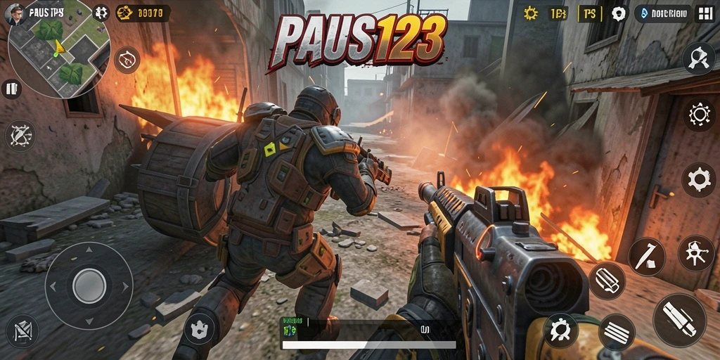Tampilan gameplay utama PAUS123 dengan aksi pertempuran intens.