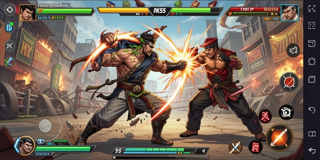 Tampilan aksi mendebarkan dari gameplay <strong>RK55</strong> menampilkan karakter bertarung.
