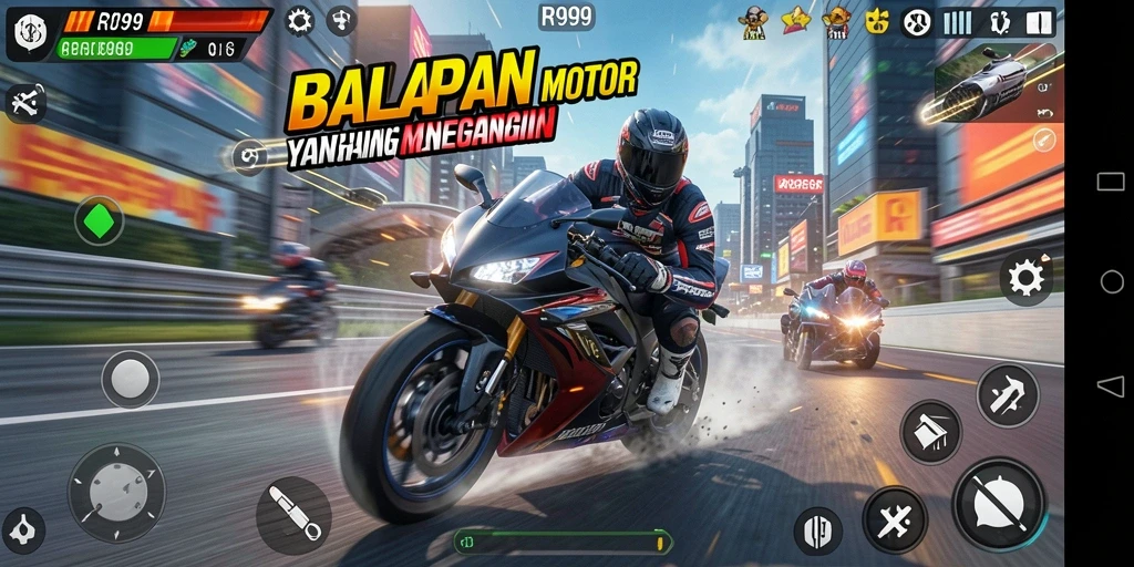 Screenshot utama RR999 menampilkan momen balap motor yang seru.